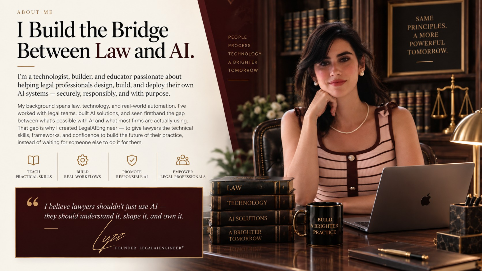 Lyzz, founder of LegalAIEngineer, seated at a desk in a legal library
